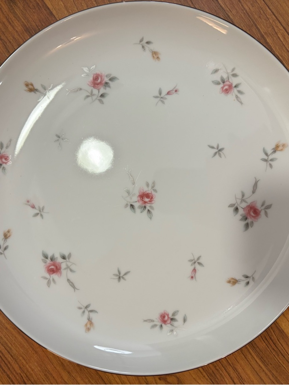 Classic White China Dinner Plate with Pink and Yellow scattered rosebuds.